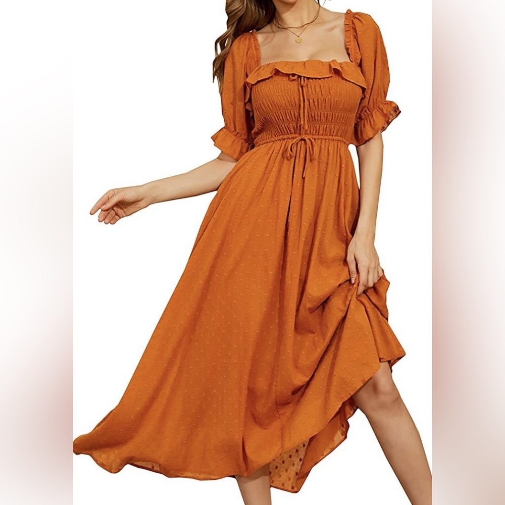 Orange Square Neck Midi Dress